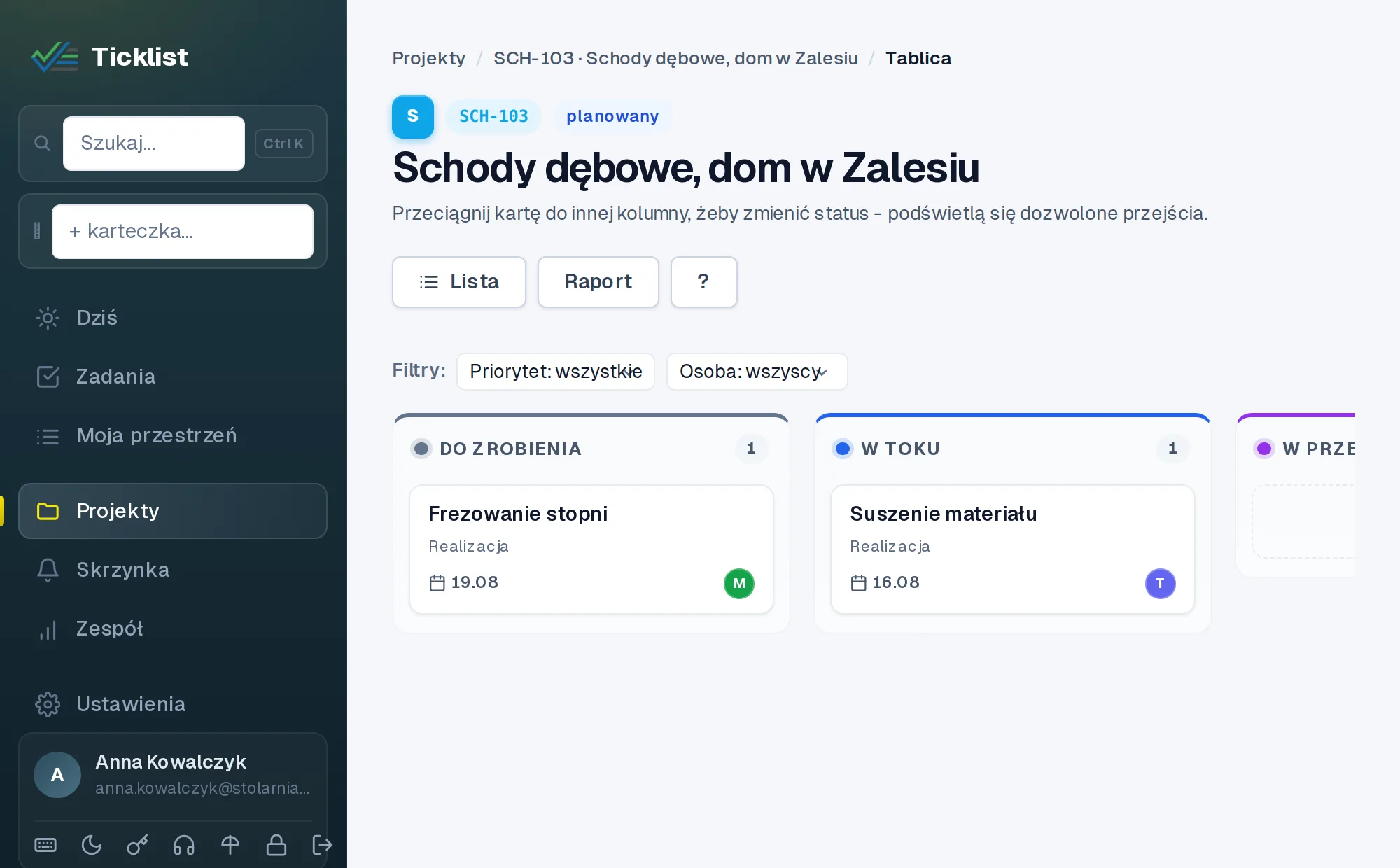 Tablica zadań w Ticklist: kolumny statusów z kartami zadań.